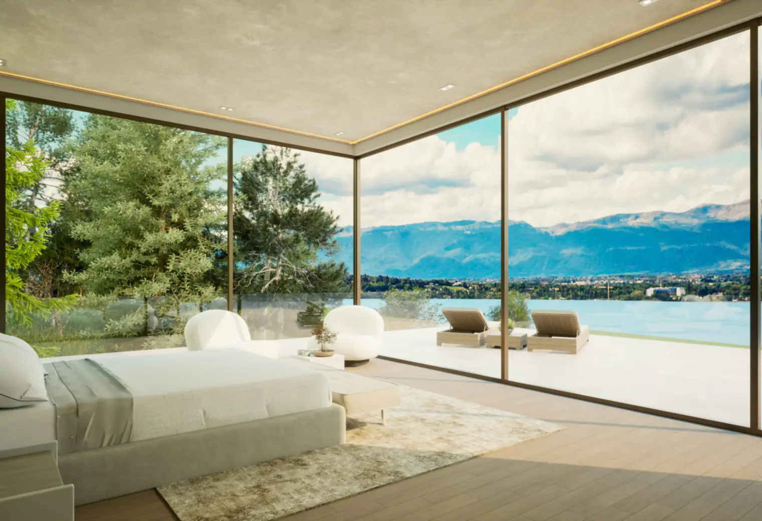 Contemporary Mediterranean estate interior opening through full-height glazing to a terrace, pool and mountain view